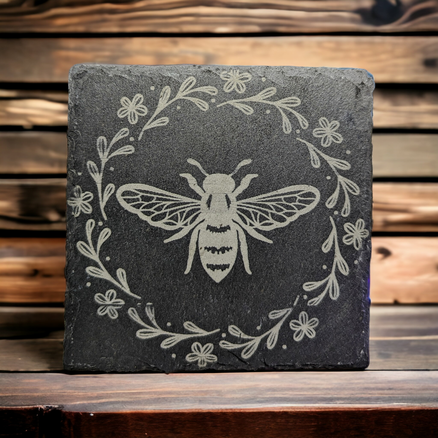 Slate Bee with Floral Wreath Coasters