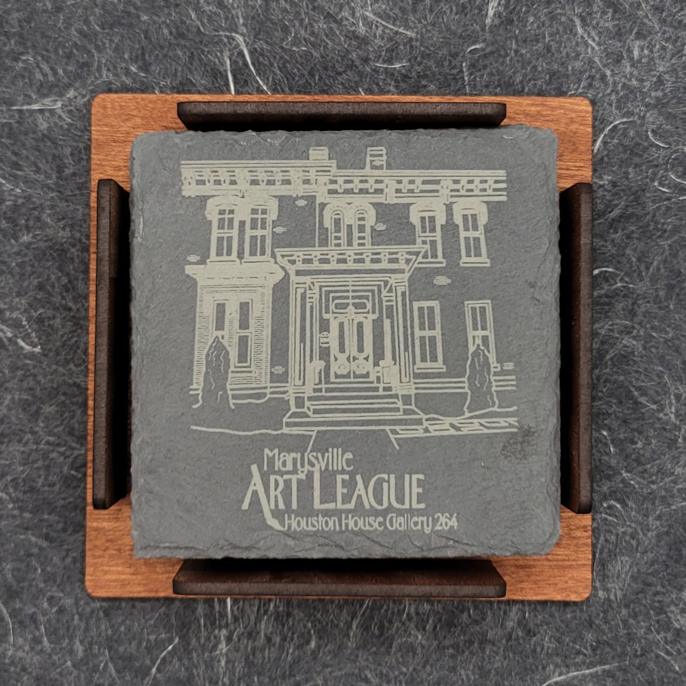 Marysville Art League Slate Coasters, Set of 4 with Sapele Holder